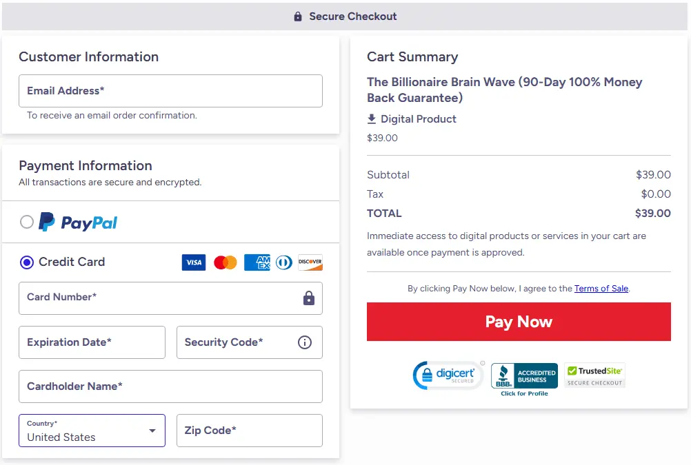 Billionaire Brain Wave checkout page